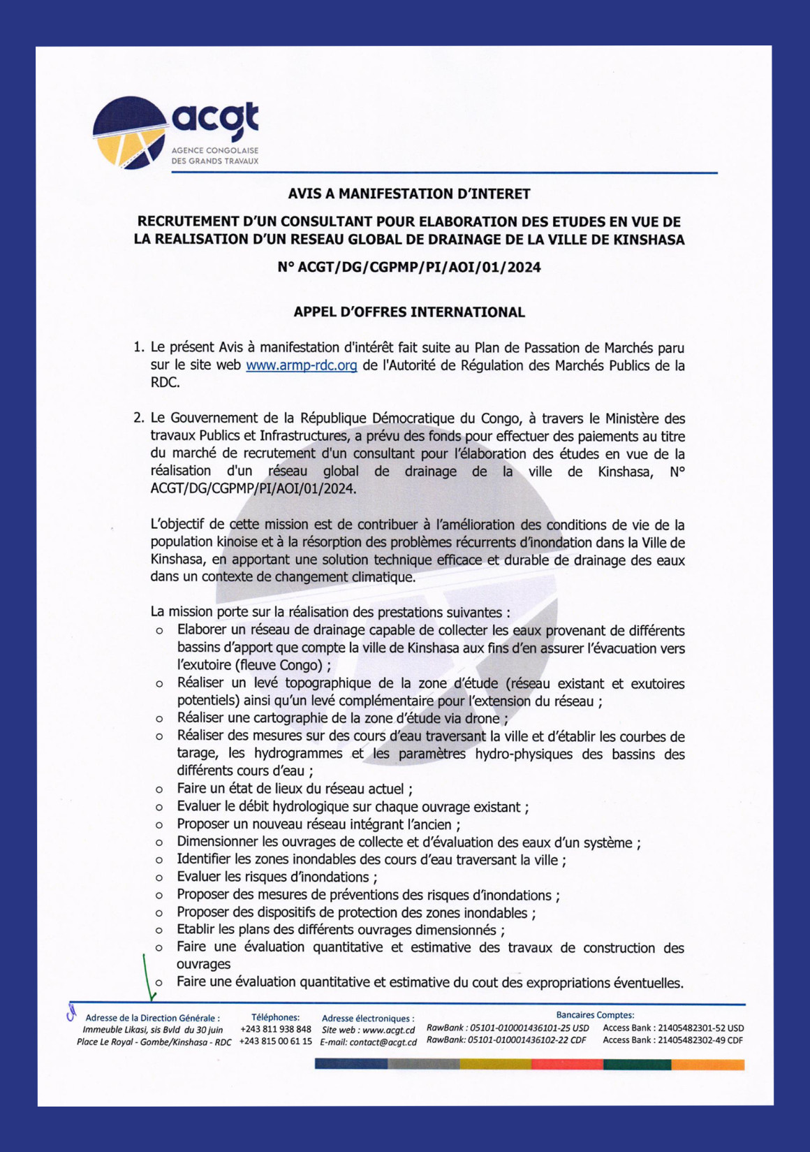 Lire la suite à propos de l’article Recrutement d’un consultant pour l’élaboration des études en vue de la réalisation d’un réseau global de drainage de la ville de Kinshasa