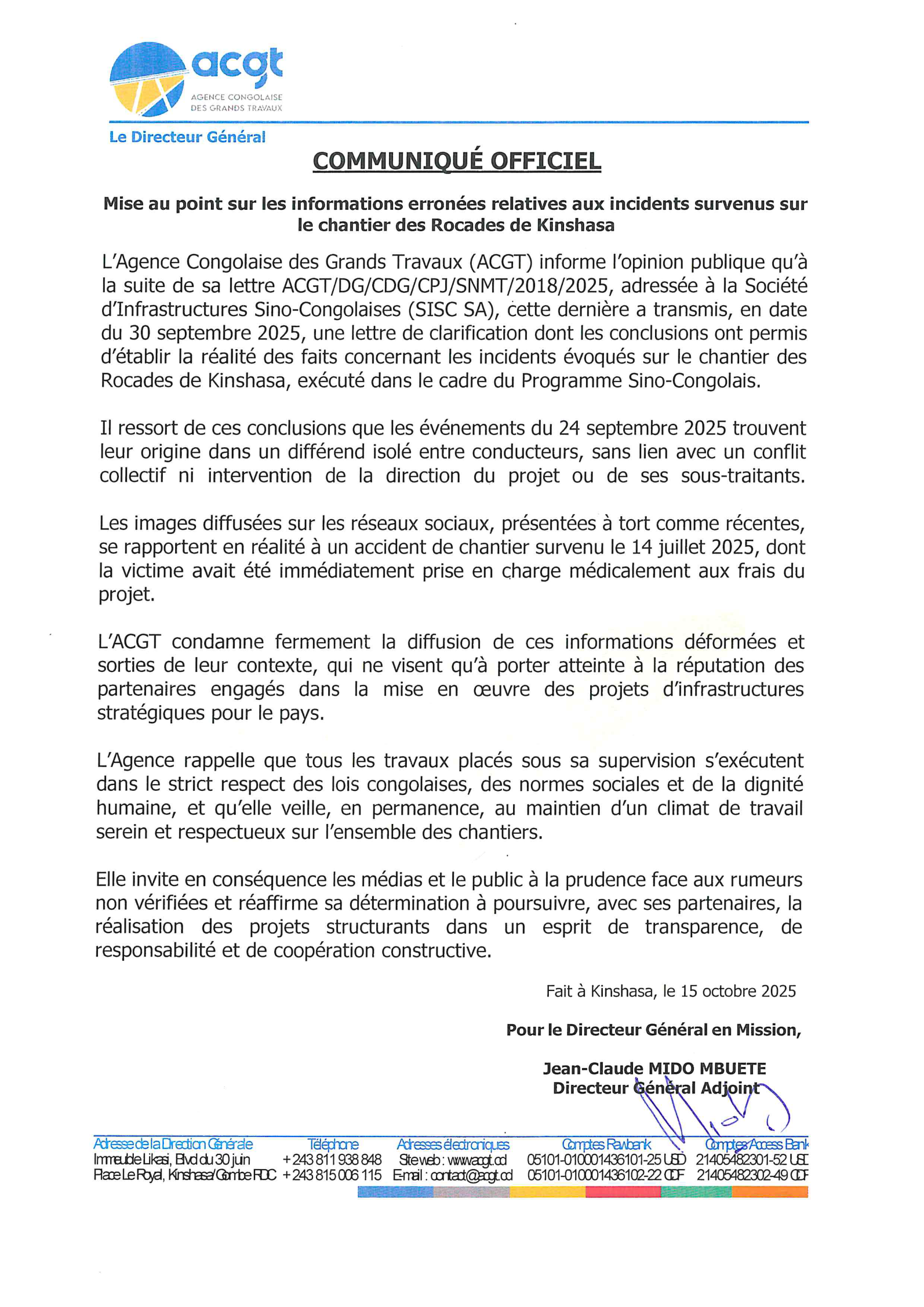 Lire la suite à propos de l’article Mise au point sur les informations erronées relatives aux incidents survenus sur le chantier des rocades de Kinshasa le 24 septembre 2025